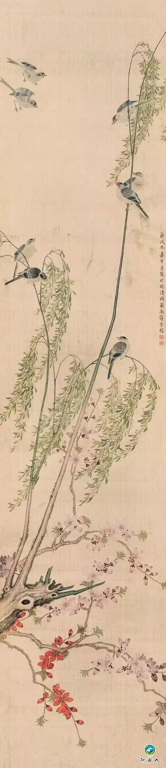 《桃花鸣禽轴》绢本 清 蒋季锡